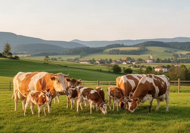Fleckvieh-Mutterkühe mit Kälbern auf einer grünen Weide bei Sonntagberg