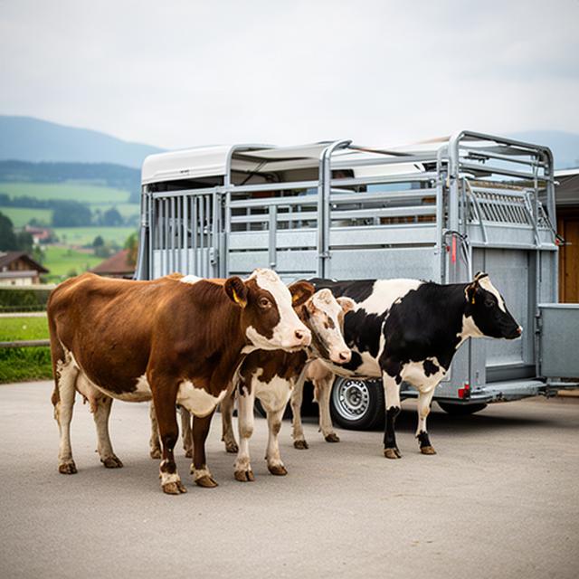 Rinder auf einem befestigten Hof neben einem tierschutzgerecht ausgestatteten Viehanhänger in Niederösterreich