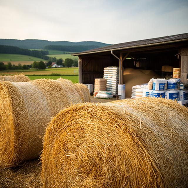 Heuballen und landwirtschaftliche Futtervorräte auf einem Hof in Niederösterreich