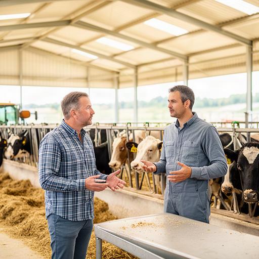 Landwirtschaftliche Beratung im hellen Rinderstall mit Futtertisch und Betriebsleiter