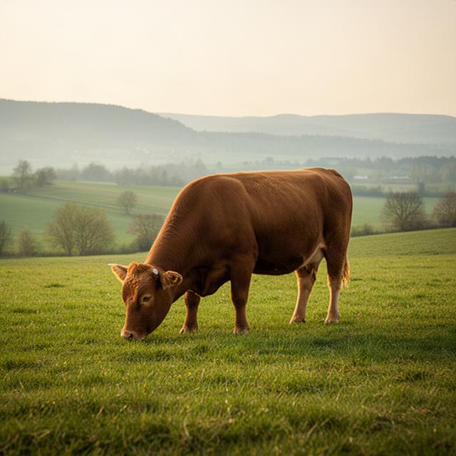 Braunes Rind auf einer grünen Weide in Niederösterreich bei ruhigem Morgenlicht