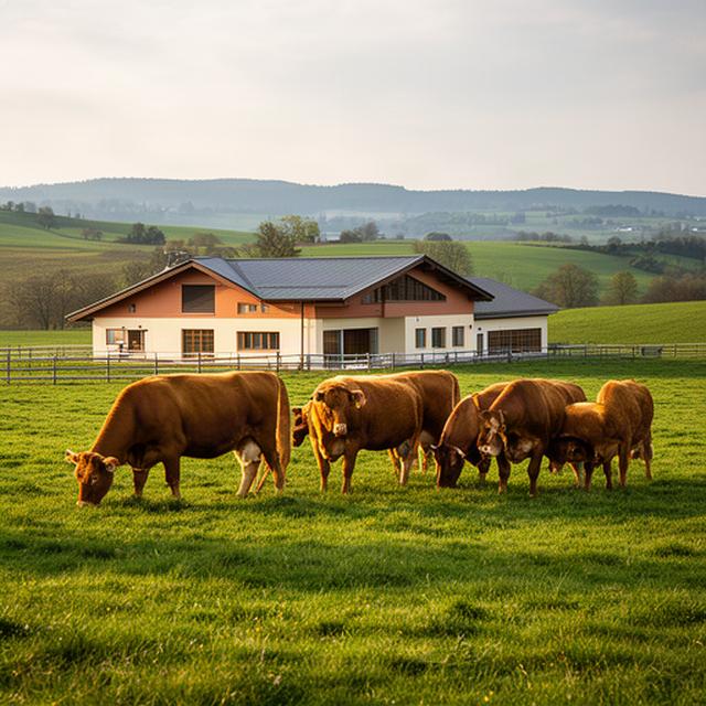 Braune Mutterkühe auf einer grünen Weide neben einem gepflegten Stall in Sonntagberg
