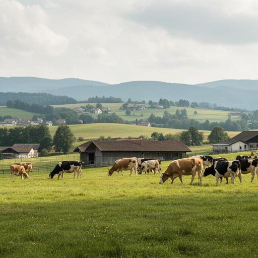 Landwirtschaftlicher Betrieb mit Weideflächen und Rindern in der hügeligen Landschaft von Sonntagberg