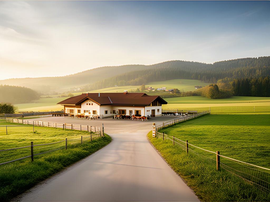 Hofzufahrt in Sonntagberg mit Weideflächen und landwirtschaftlichem Gebäude im Morgenlicht